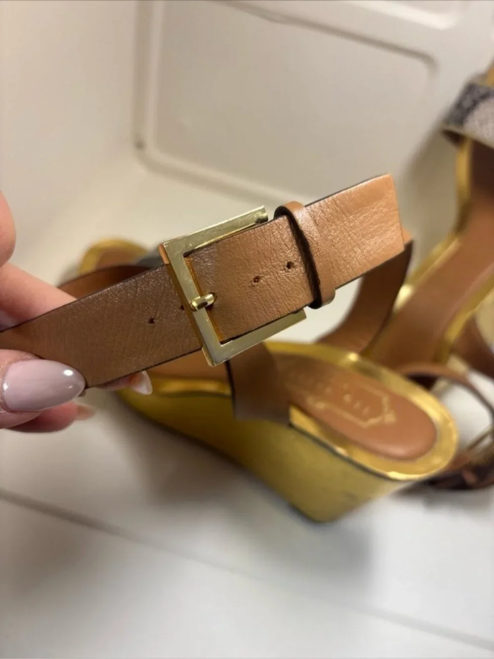 Ted Baker Gold-Platform Wedge with Brown Ankle Strap and Snake-Print Toe